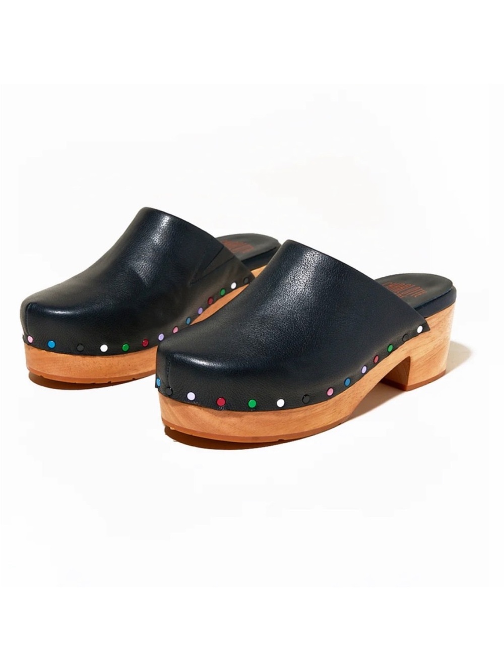 Charlotte Stone Black Leather Studded Clogs with Multicolor Nails